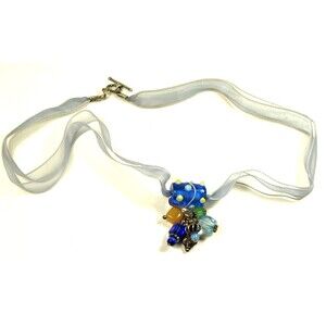 Silver T-Bar Clasp Choker Necklace with Fairy Glass Charm Pendant Ribbon